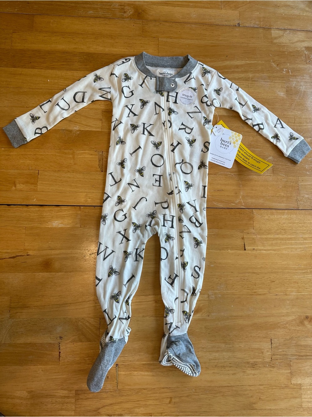 Burt's Bees Cream Alphabet & Bee Footed One-Piece with Gray Trim